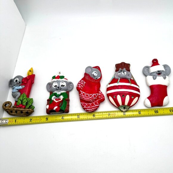 Vtg 5 Pc Hand-Painted Christmas Mouse Ornaments Ceramic Holiday Tree - Picture 3 of 12